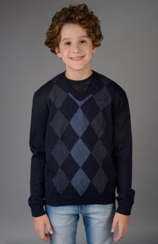 Blusão infantil masculino tipo suéter em tricot jacquard escocês gola V