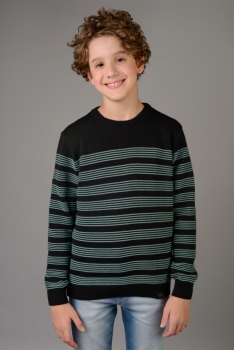 Blusão infantil masculino tipo suéter em tricot listrado e relevo gola redonda