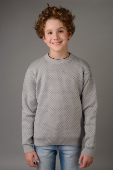 Blusão infantil masculino tipo suéter em tricot com jacquard em pois gola redonda