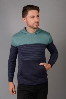 Blusão masculino tipo suéter em tricot com capuz e bolso canguru