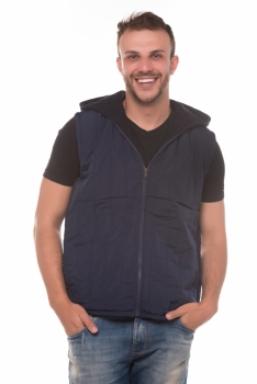 Colete masculino reversível com capuz tricot de um lado tecido de outro
